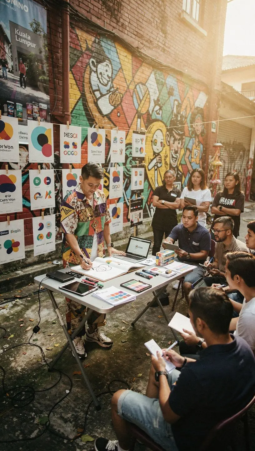 An illustrated style guide outlining logo usage rules, typography, and color schemes.