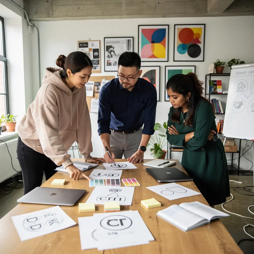 A workspace filled with design tools and sketches, reflecting the branding process.