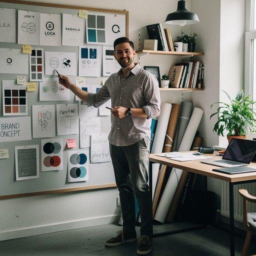 A close-up image of a logo development process with color swatches and design tools.